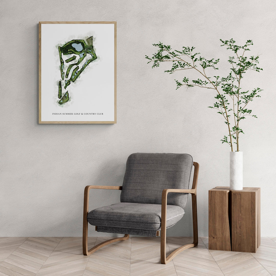 Classic Map of Indian Summer Golf &amp; Country Club with a comfy armchair and large plant