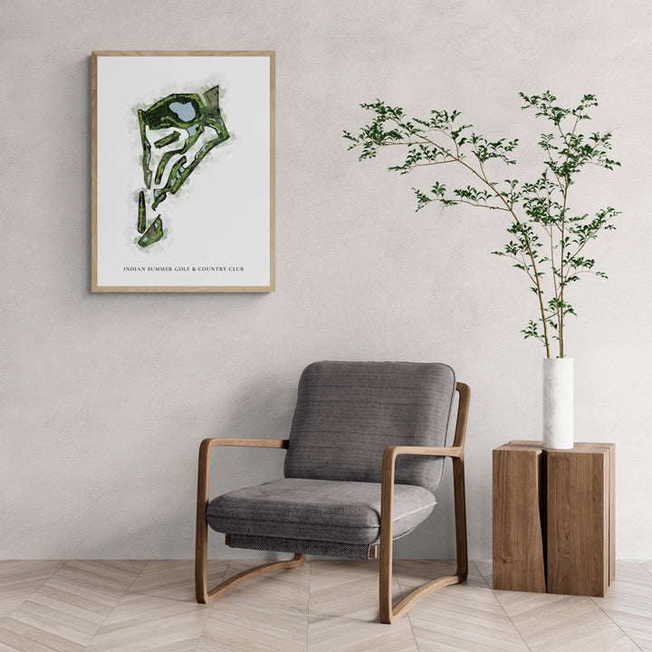 Classic Map of Indian Summer Golf &amp; Country Club with a comfy armchair and large plant