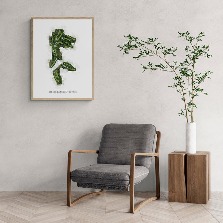 Classic Map of Spruce Run Golf Course with a comfy armchair and large plant