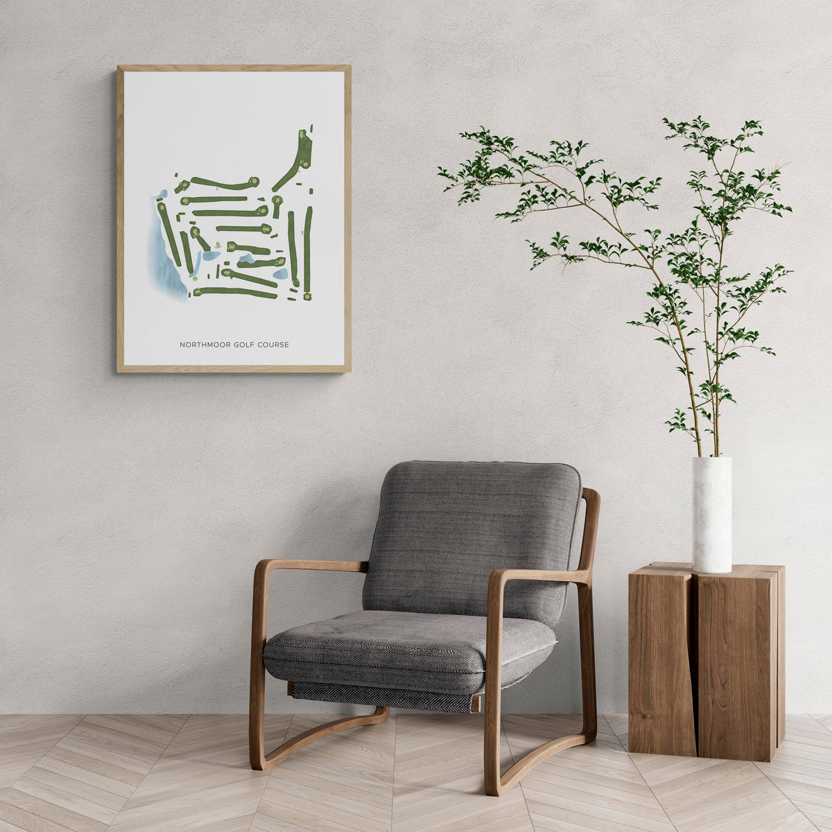 Modern Map of Northmoor Golf Course with a comfy armchair and large plant