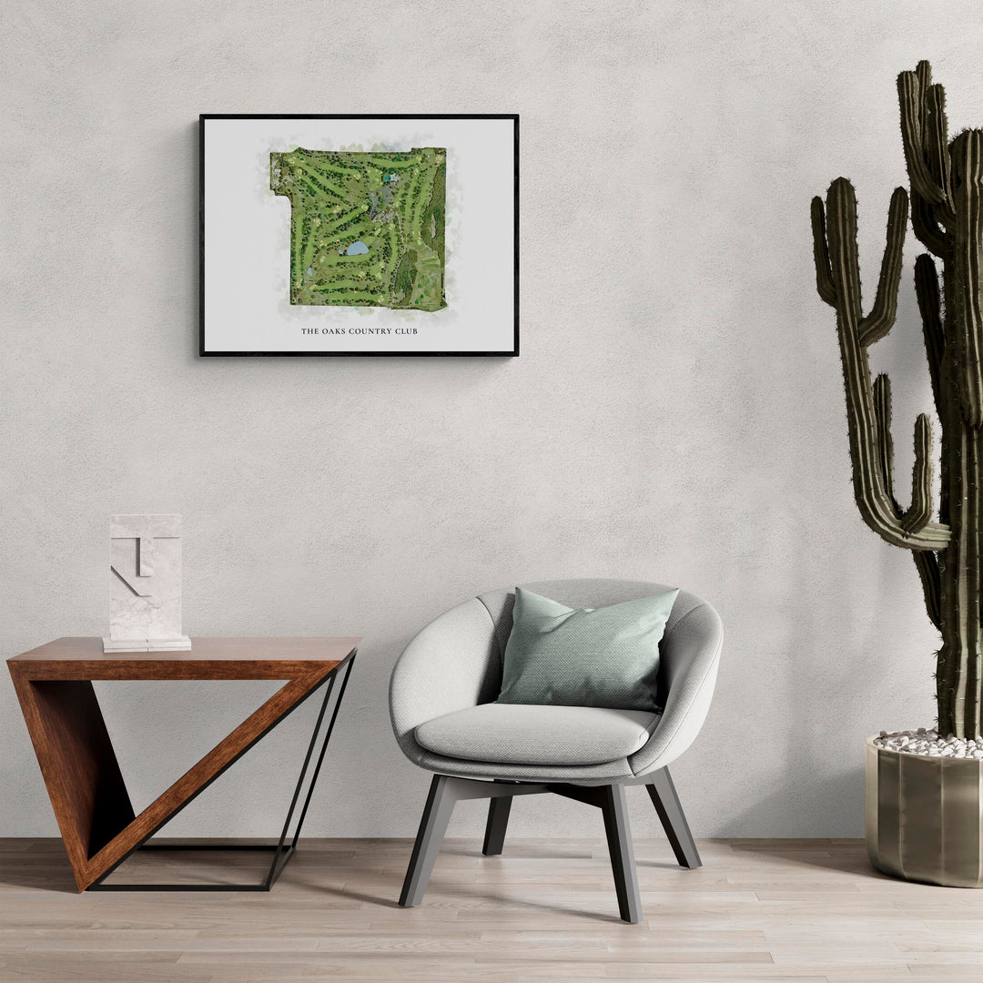 Classic Map of The Oaks Country Club in a living room with large cactus plant