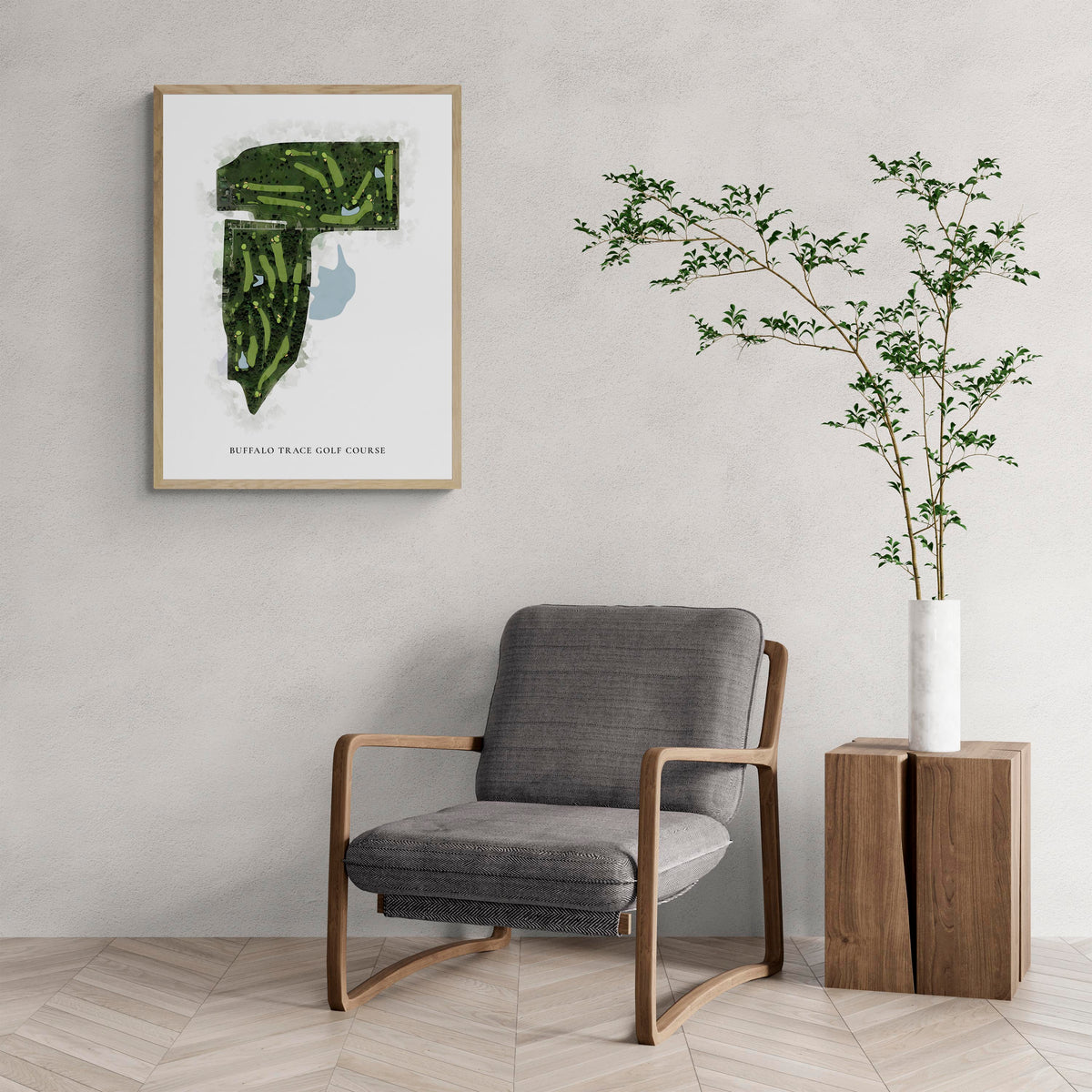 Classic Map of Buffalo Trace Golf Course with a comfy armchair and large plant