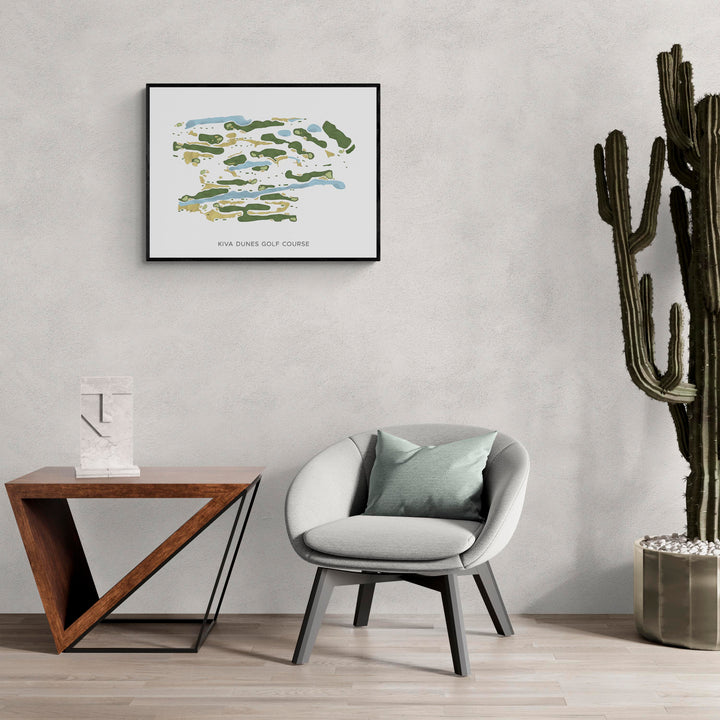 Modern Map of Kiva Dunes Golf Course in a living room with large cactus plant