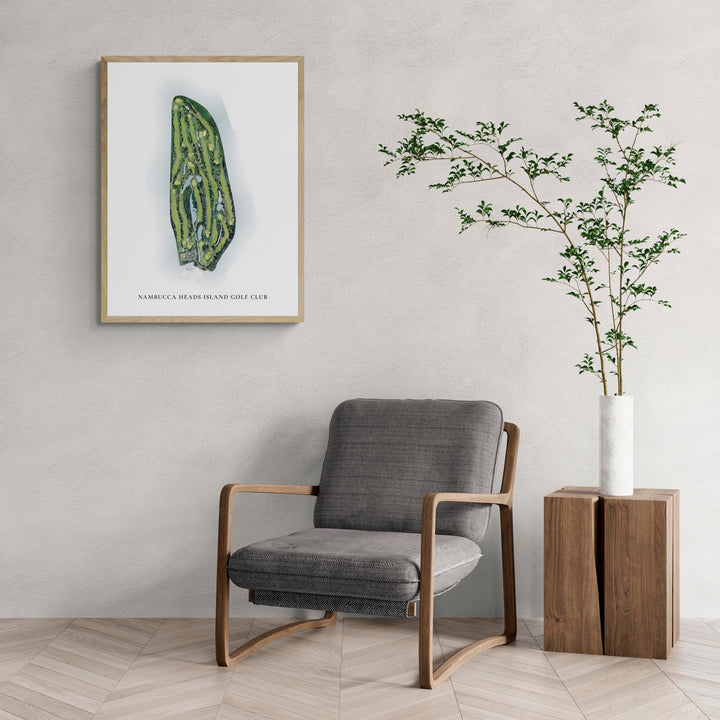 Classic Map of Nambucca Heads Island Golf Club with a comfy armchair and large plant