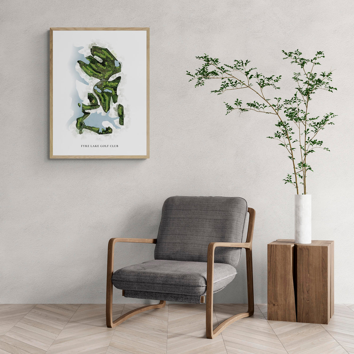 Classic Map of Fyre Lake Golf Club with a comfy armchair and large plant