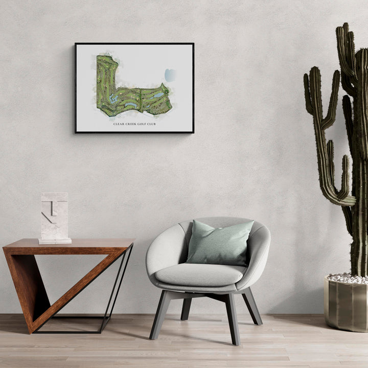 Classic Map of Clear Creek Golf Club in a living room with large cactus plant