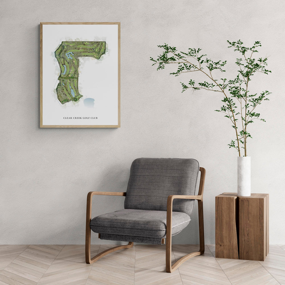 Classic Map of Clear Creek Golf Club with a comfy armchair and large plant