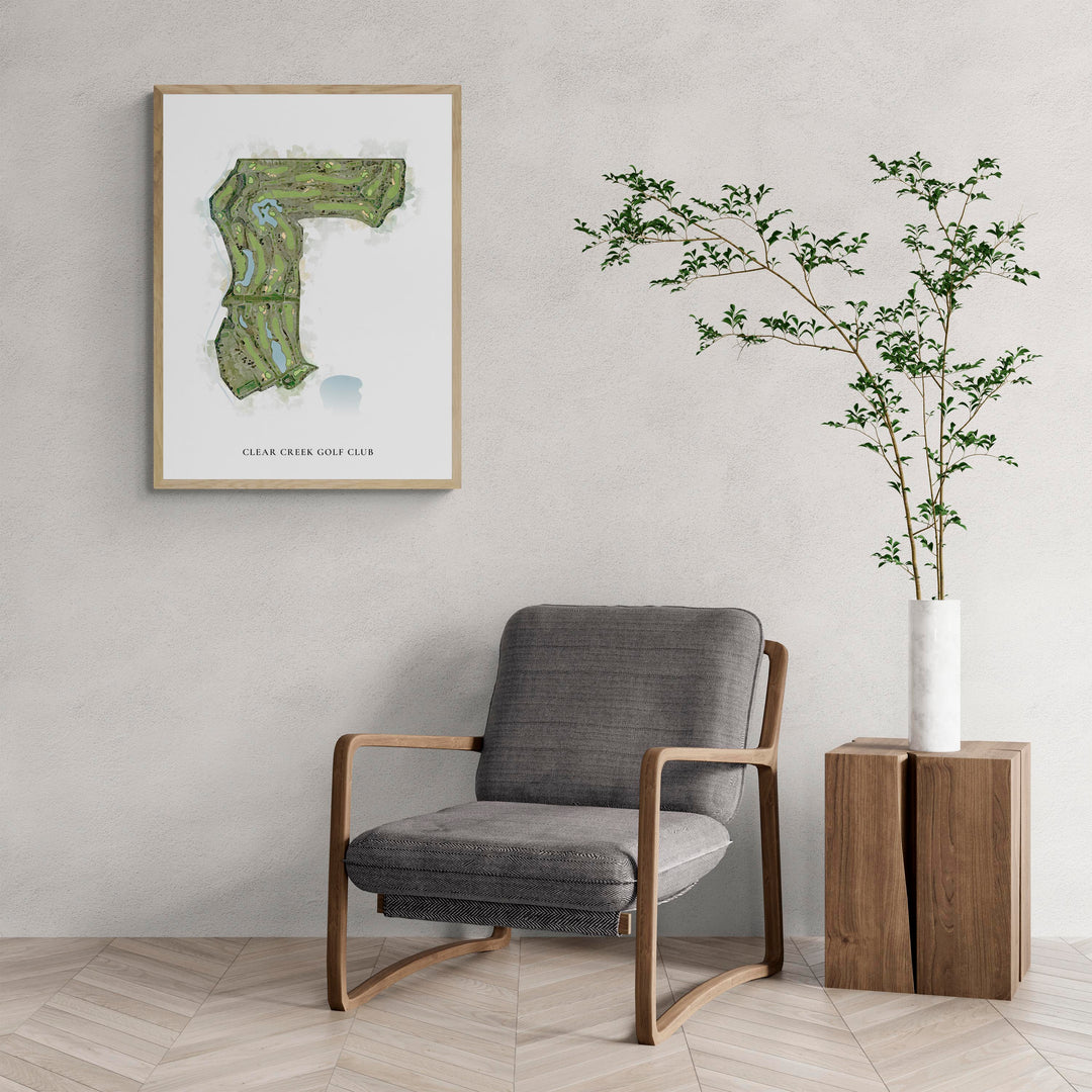 Classic Map of Clear Creek Golf Club with a comfy armchair and large plant