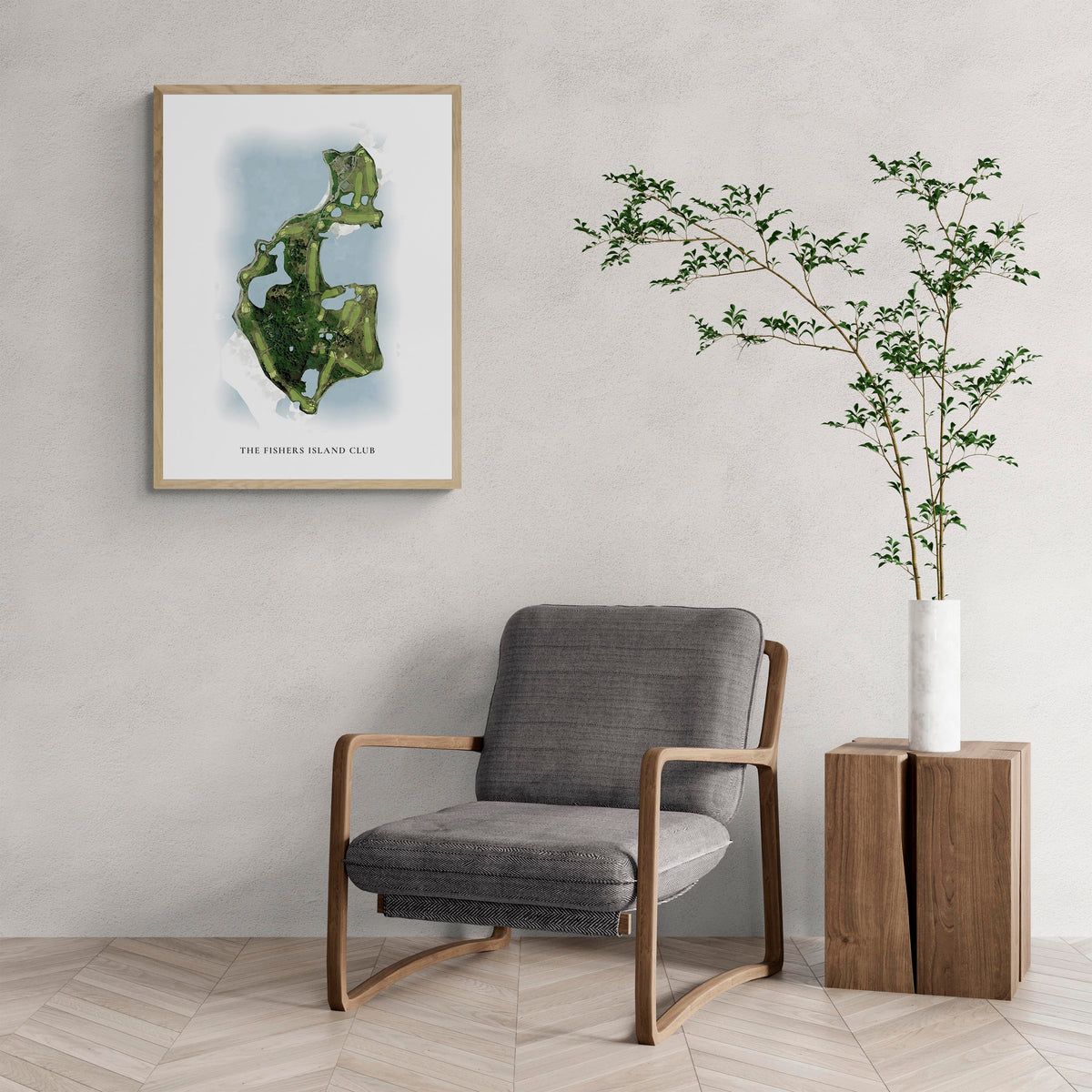 Classic Map of The Fishers Island Club with a comfy armchair and large plant