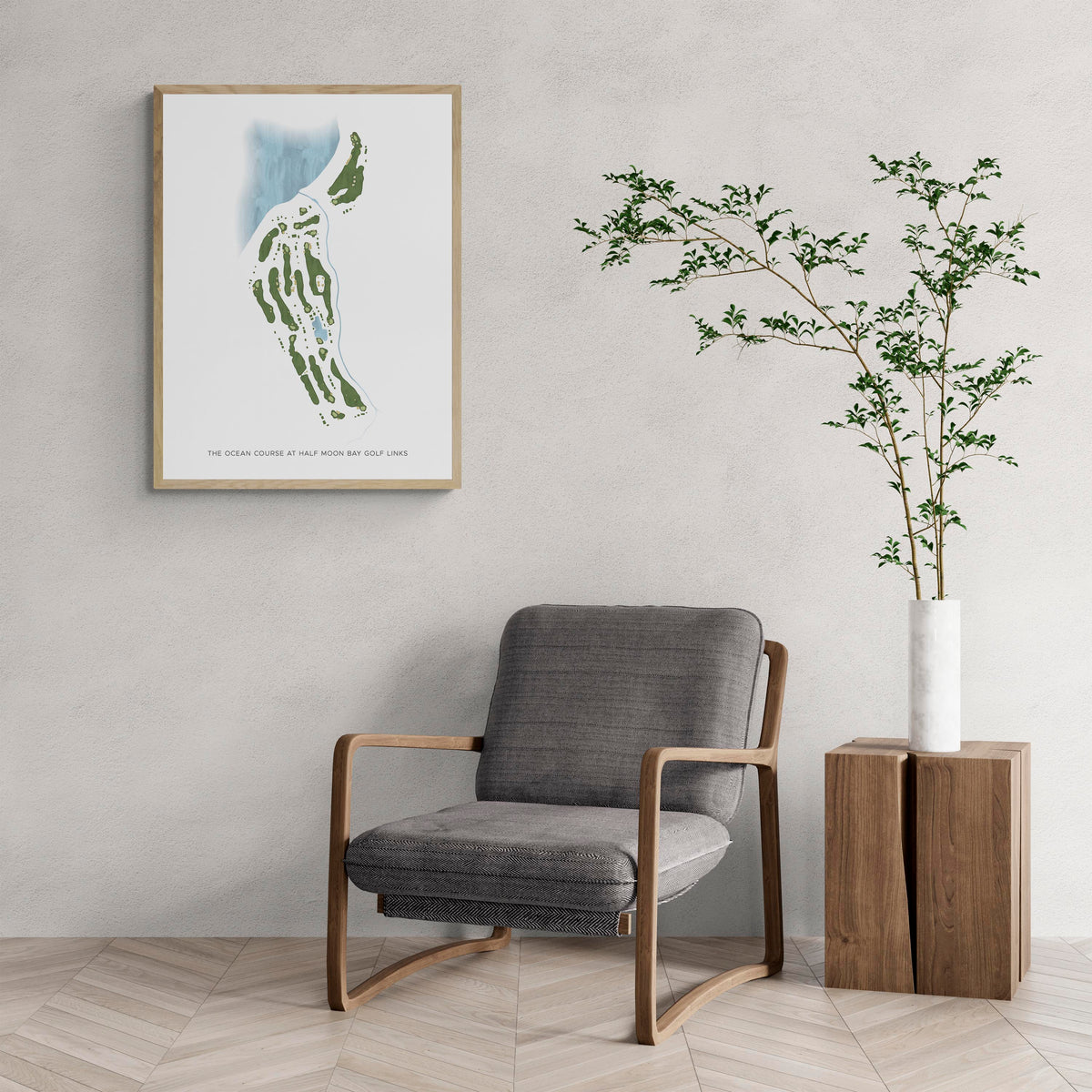 Modern Map of The Ocean Course At Half Moon Bay Golf Links with a comfy armchair and large plant