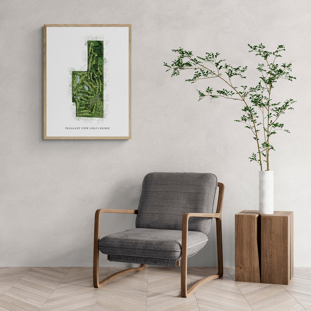 Classic Map of Pleasant View Golf Course with a comfy armchair and large plant