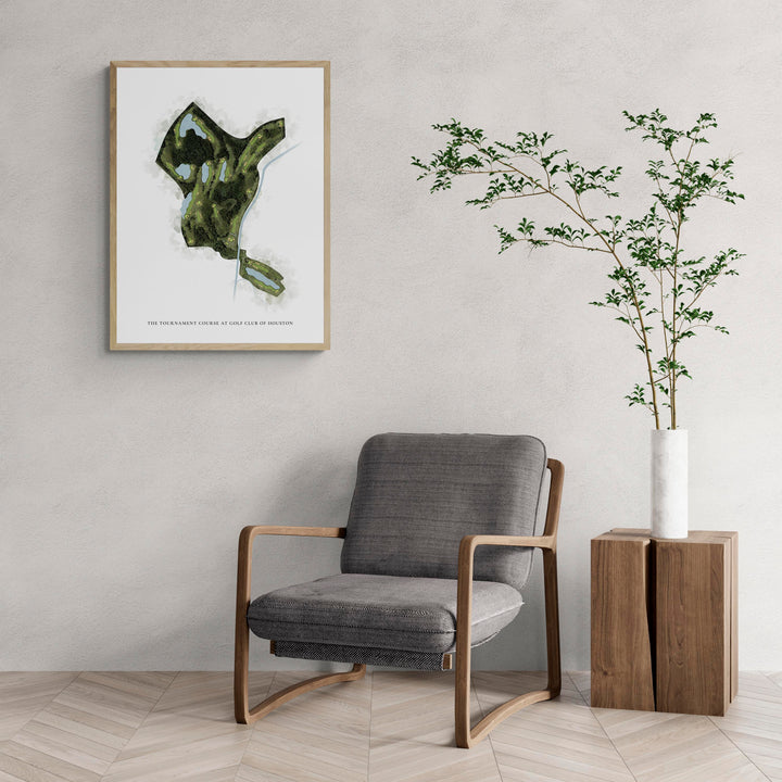 Classic Map of The Tournament Course At Golf Club Of Houston with a comfy armchair and large plant