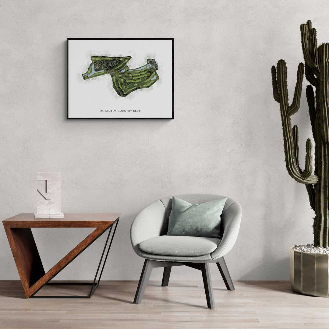 Classic Map of Royal Fox Country Club in a living room with large cactus plant