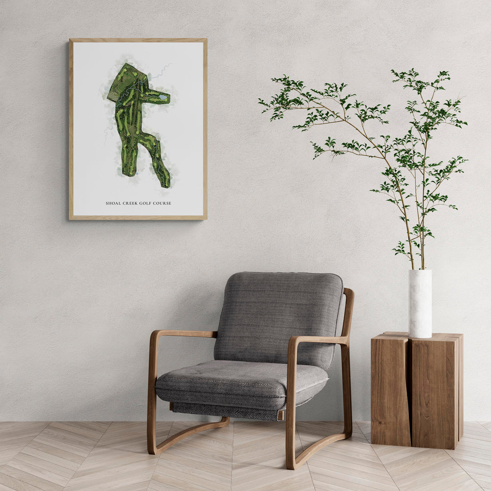 Classic Map of Shoal Creek Golf Course with a comfy armchair and large plant