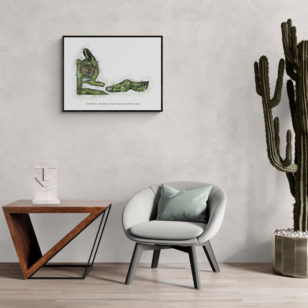 Classic Map of The West Course At Oak Tree Country Club in a living room with large cactus plant