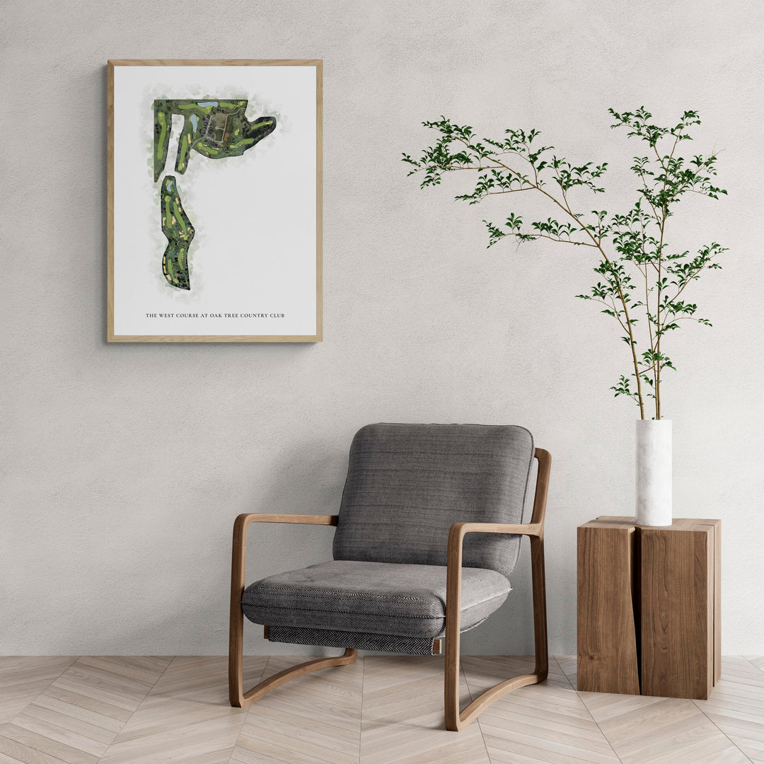 Classic Map of The West Course At Oak Tree Country Club with a comfy armchair and large plant