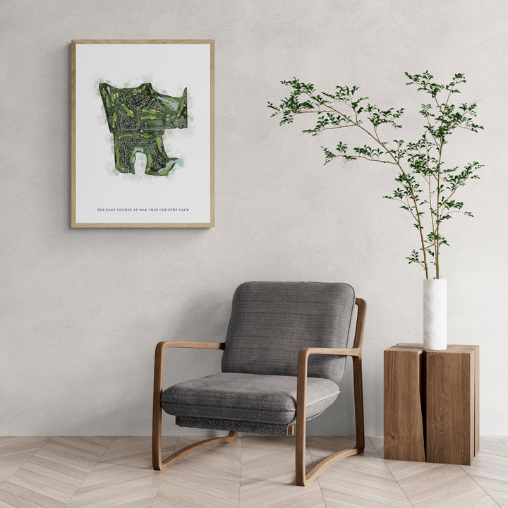 Classic Map of The East Course At Oak Tree Country Club with a comfy armchair and large plant