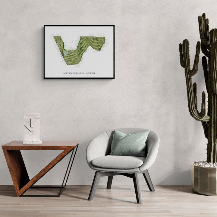 Classic Map of Ackerman Hills Golf Course in a living room with large cactus plant