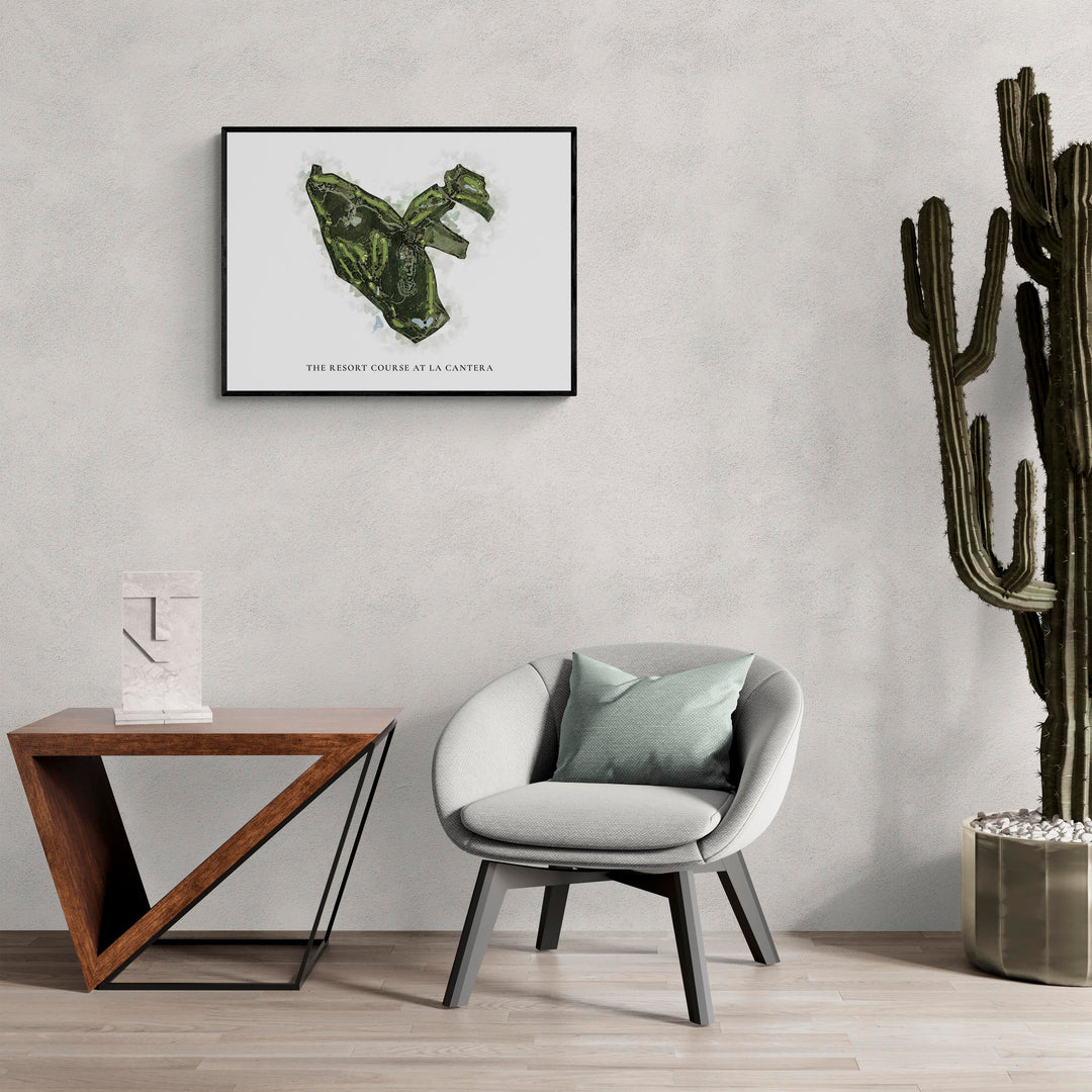 Classic Map of The Resort Course At La Cantera in a living room with large cactus plant
