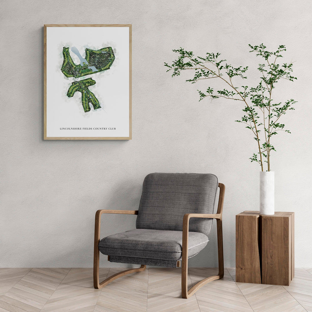 Classic Map of Lincolnshire Fields Country Club with a comfy armchair and large plant