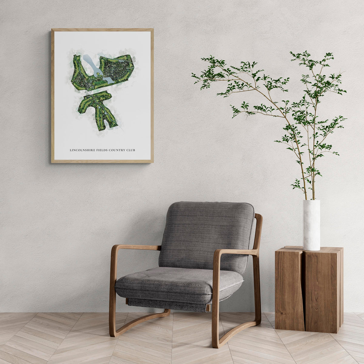 Classic Map of Lincolnshire Fields Country Club with a comfy armchair and large plant