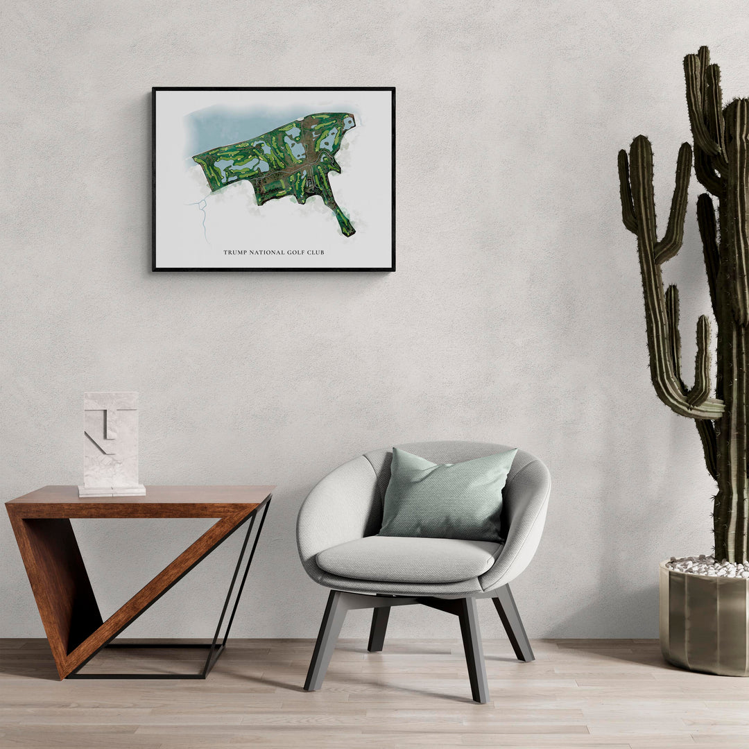 Classic Map of Trump National Golf Club in a living room with large cactus plant