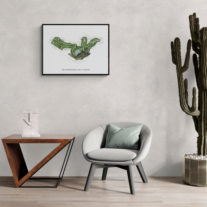 Classic Map of Meadowwood Golf Course in a living room with large cactus plant