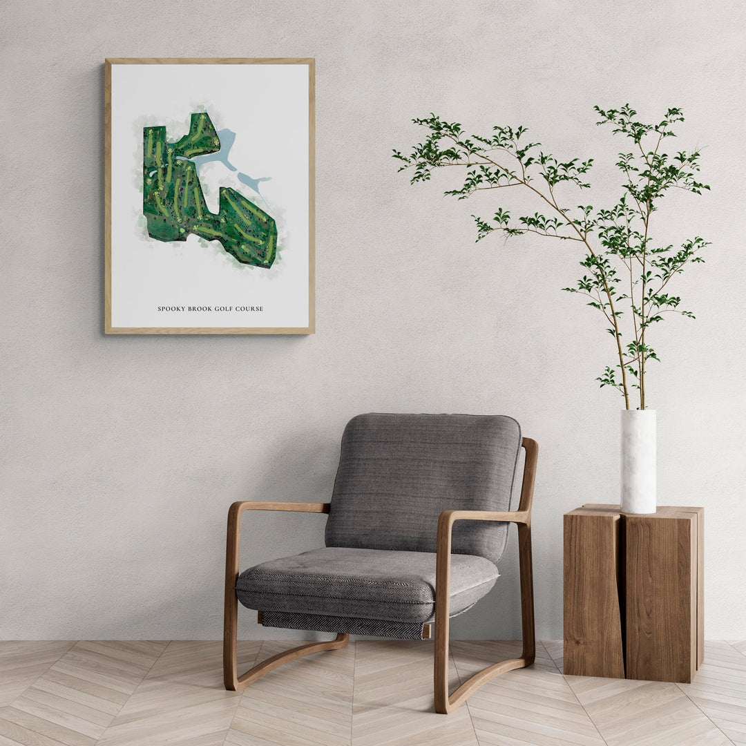 Classic Map of Spooky Brook Golf Course with a comfy armchair and large plant
