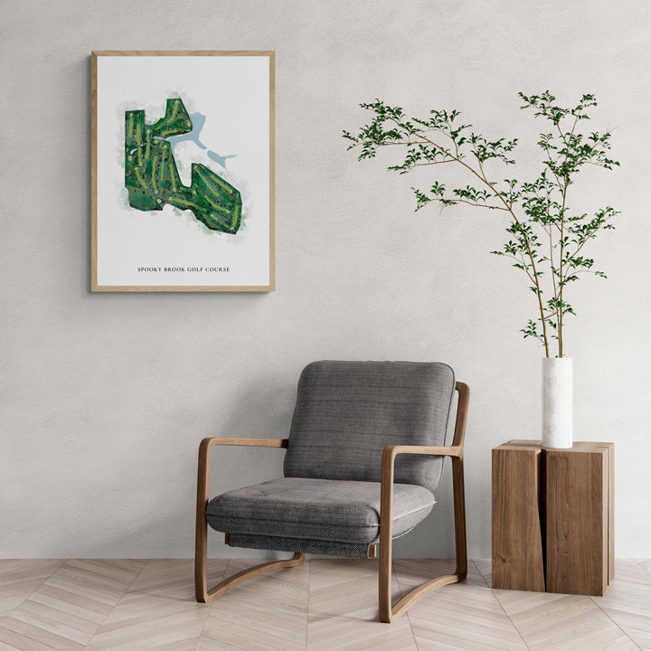 Classic Map of Spooky Brook Golf Course with a comfy armchair and large plant