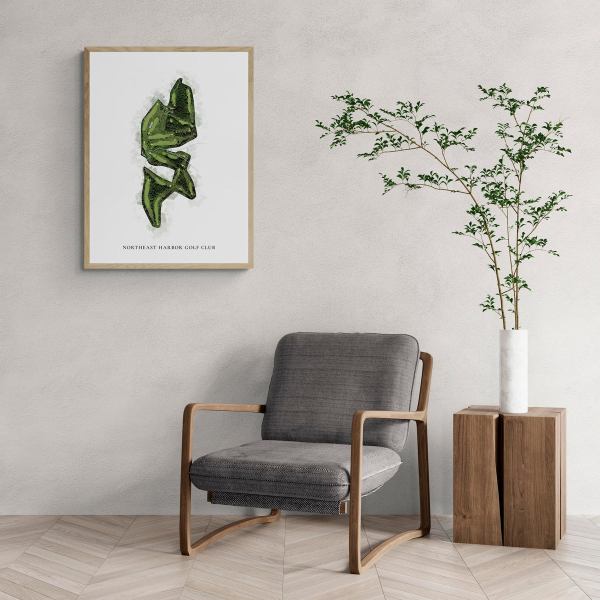 Classic Map of Northeast Harbor Golf Club with a comfy armchair and large plant