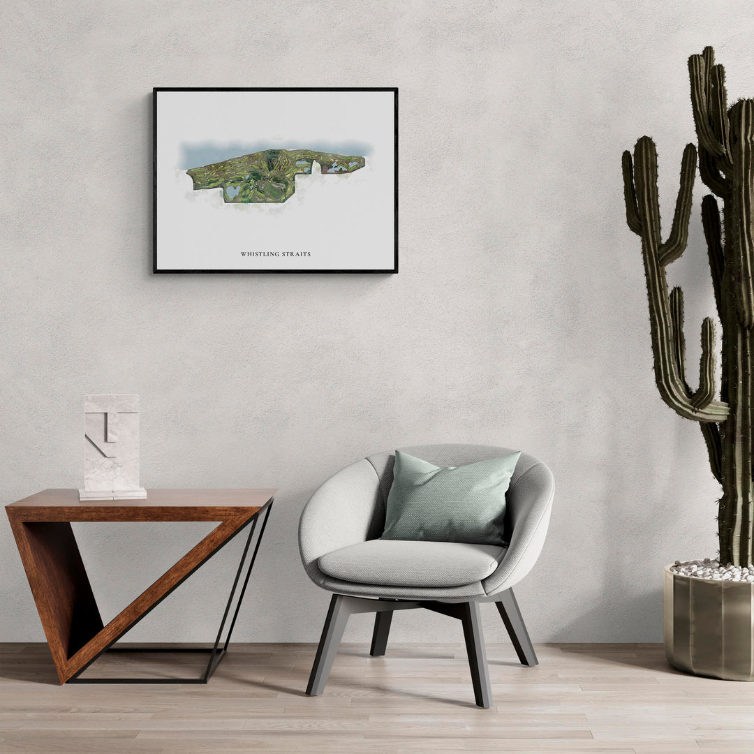 Classic Map of Whistling Straits in a living room with large cactus plant