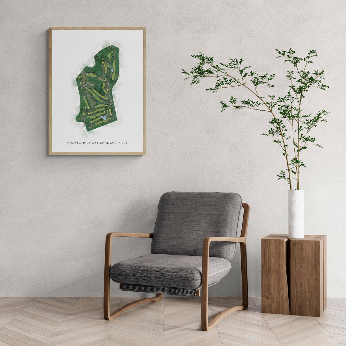 Classic Map of Connecticut National Golf Club with a comfy armchair and large plant