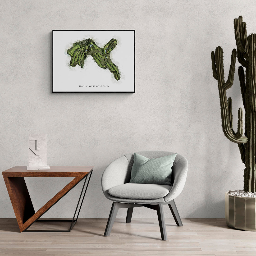 Classic Map of Spanish Oaks Golf Club in a living room with large cactus plant
