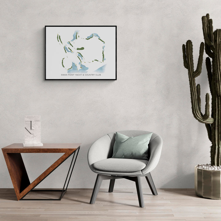 Modern Map of Swan Point Yacht &amp; Country Club in a living room with large cactus plant