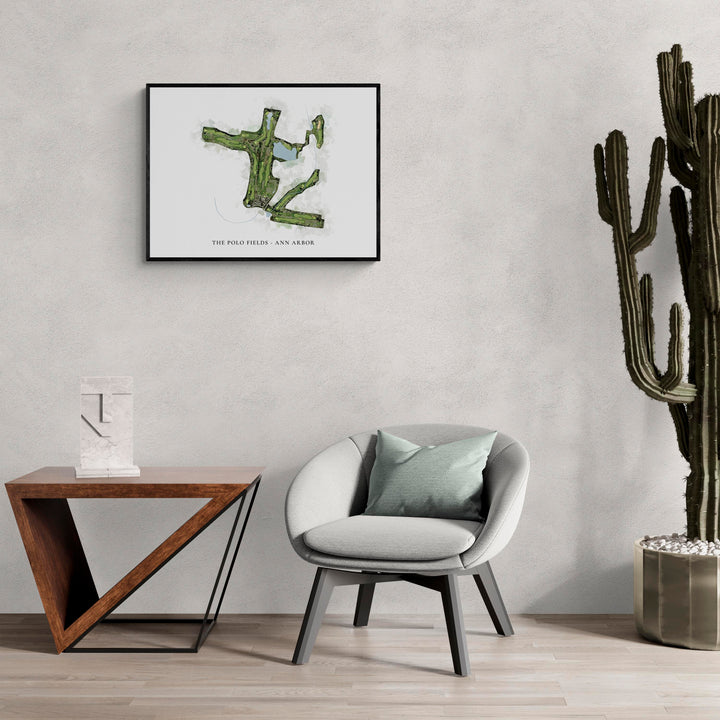 Classic Map of The Polo Fields - Ann Arbor in a living room with large cactus plant