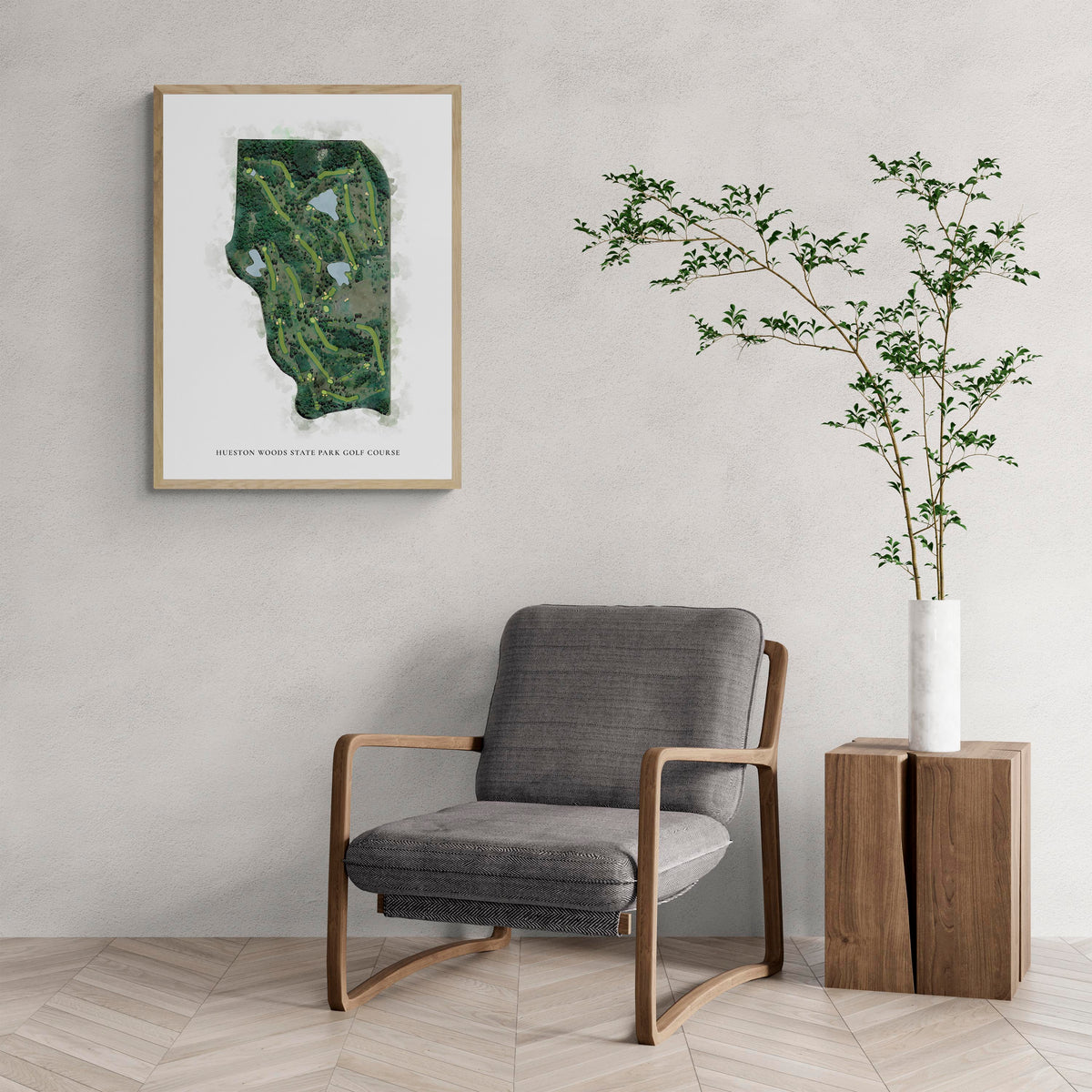 Classic Map of Hueston Woods State Park Golf Course with a comfy armchair and large plant