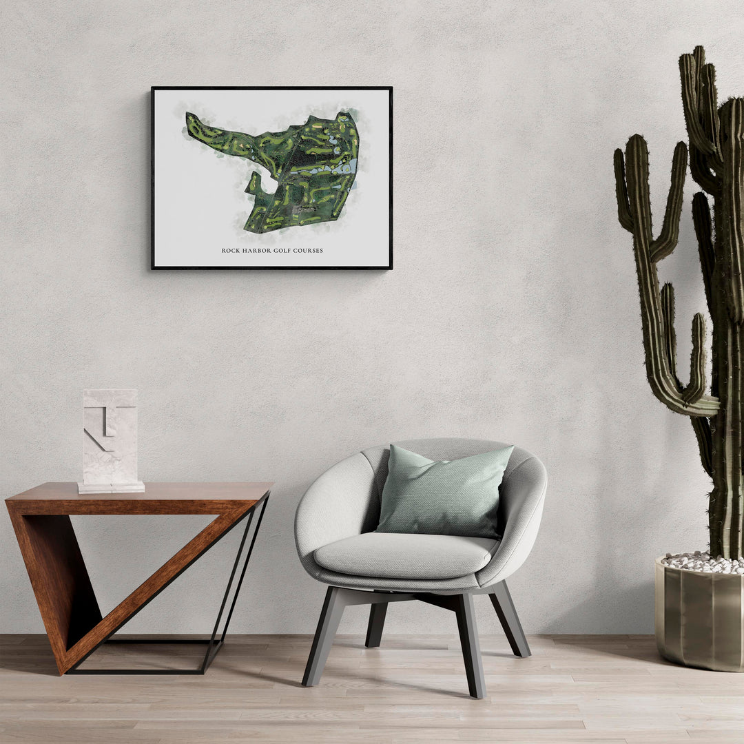 Classic Map of Rock Harbor Golf Courses in a living room with large cactus plant