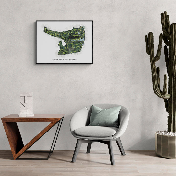 Classic Map of Rock Harbor Golf Courses in a living room with large cactus plant