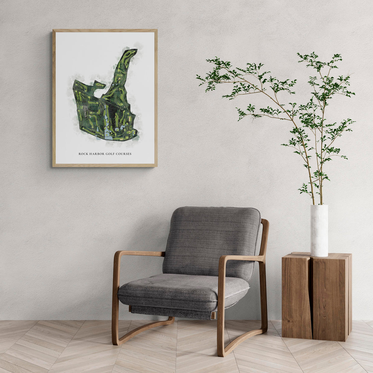 Classic Map of Rock Harbor Golf Courses with a comfy armchair and large plant