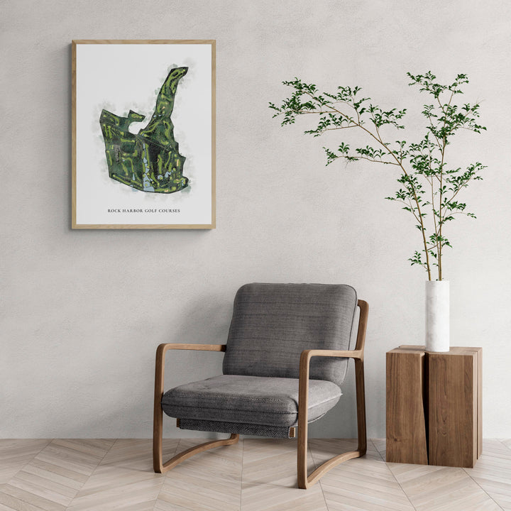 Classic Map of Rock Harbor Golf Courses with a comfy armchair and large plant