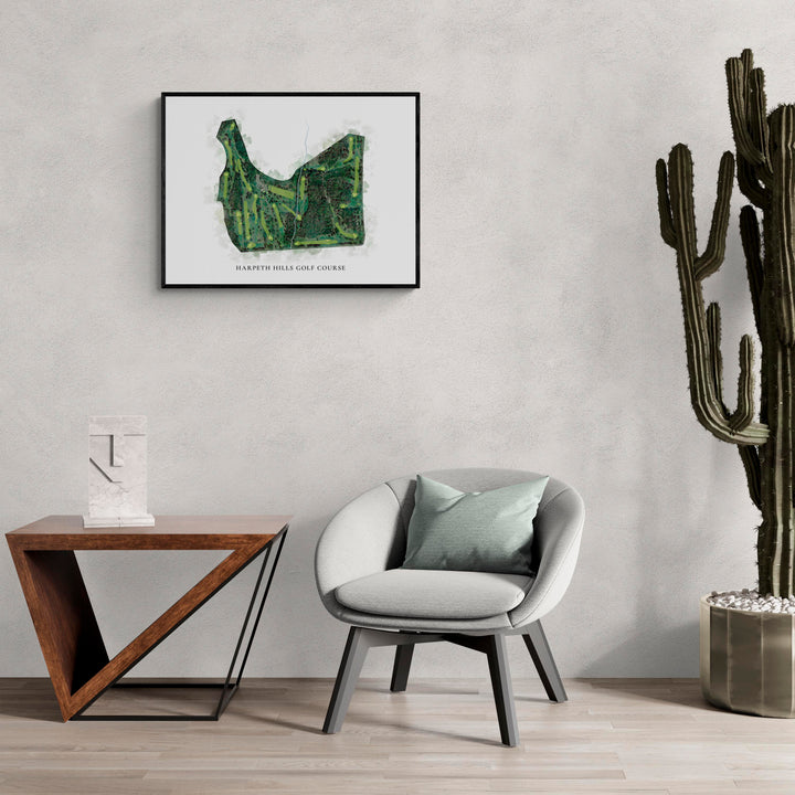 Classic Map of Harpeth Hills Golf Course in a living room with large cactus plant