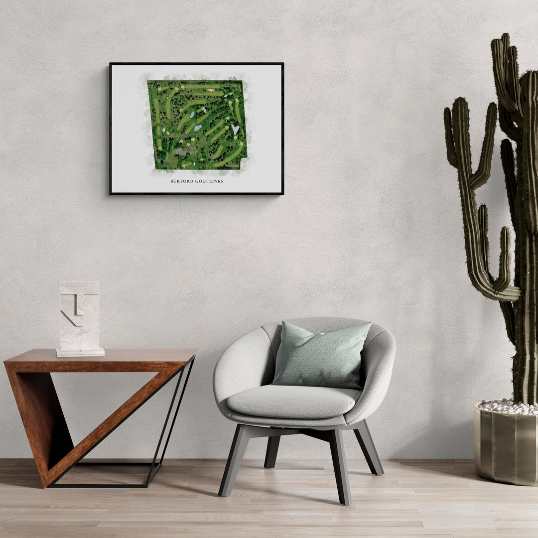 Classic Map of Burford Golf Links in a living room with large cactus plant