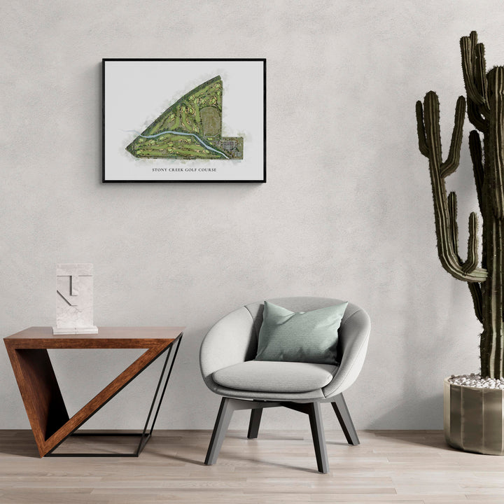 Classic Map of Stony Creek Golf Course in a living room with large cactus plant