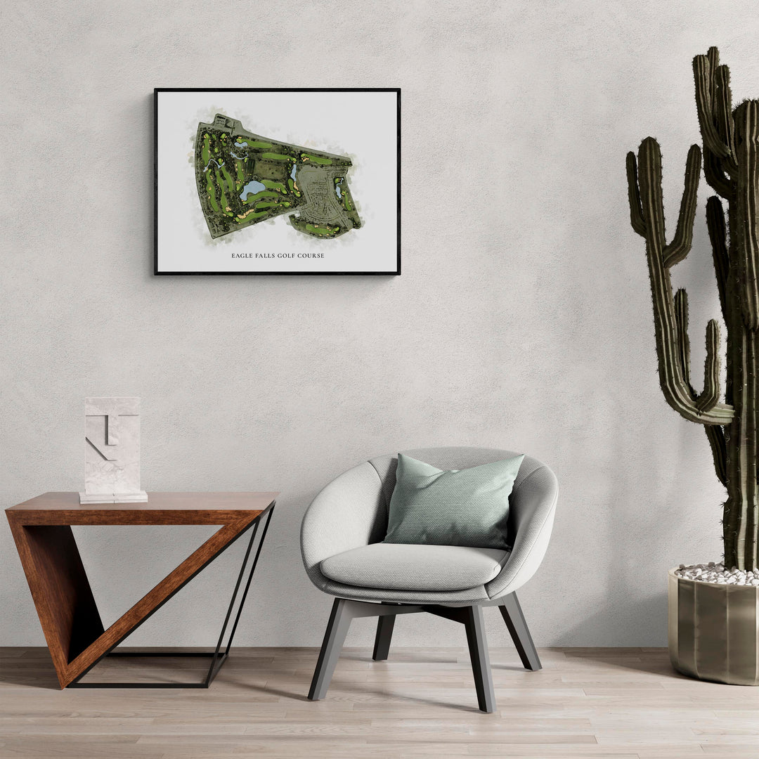 Classic Map of Eagle Falls Golf Course in a living room with large cactus plant