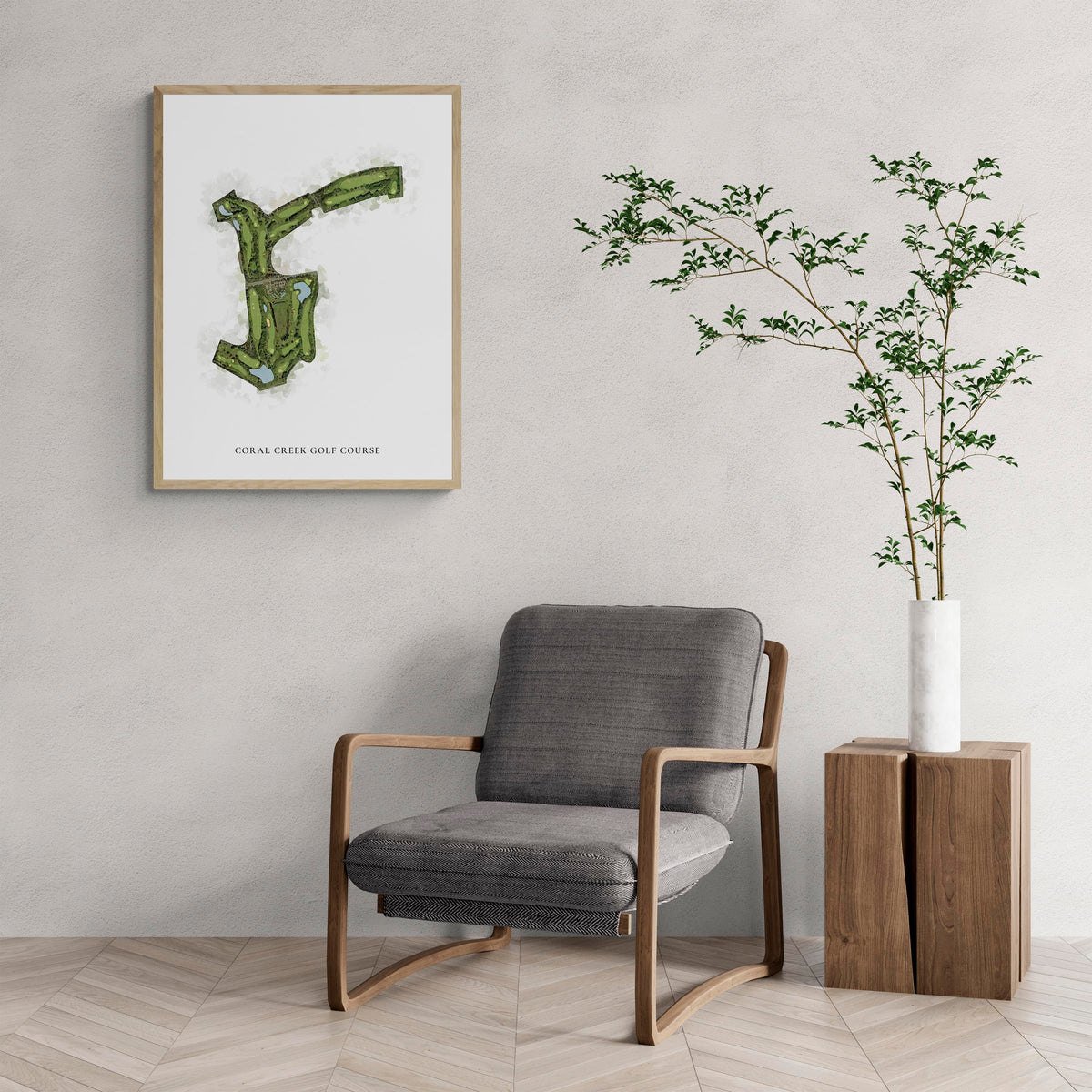 Classic Map of Coral Creek Golf Course with a comfy armchair and large plant