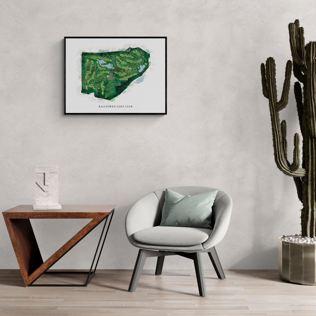 Classic Map of Ballyowen Golf Club in a living room with large cactus plant