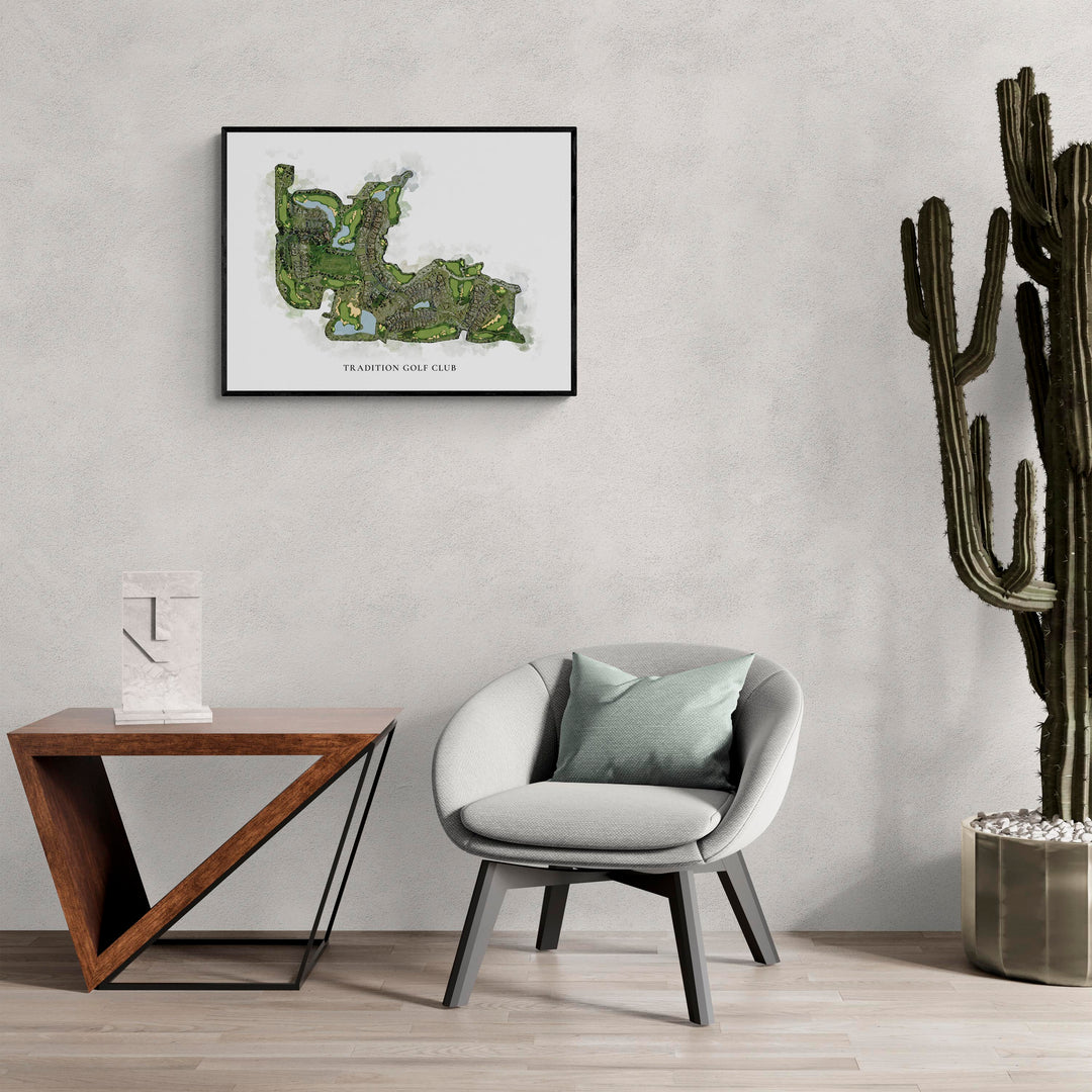 Classic Map of Tradition Golf Club in a living room with large cactus plant