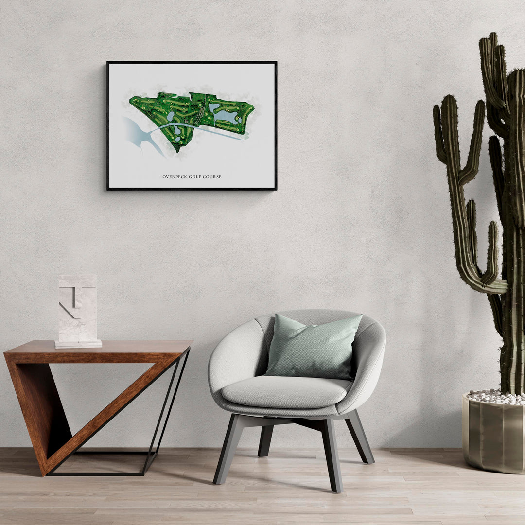 Classic Map of Overpeck Golf Course in a living room with large cactus plant