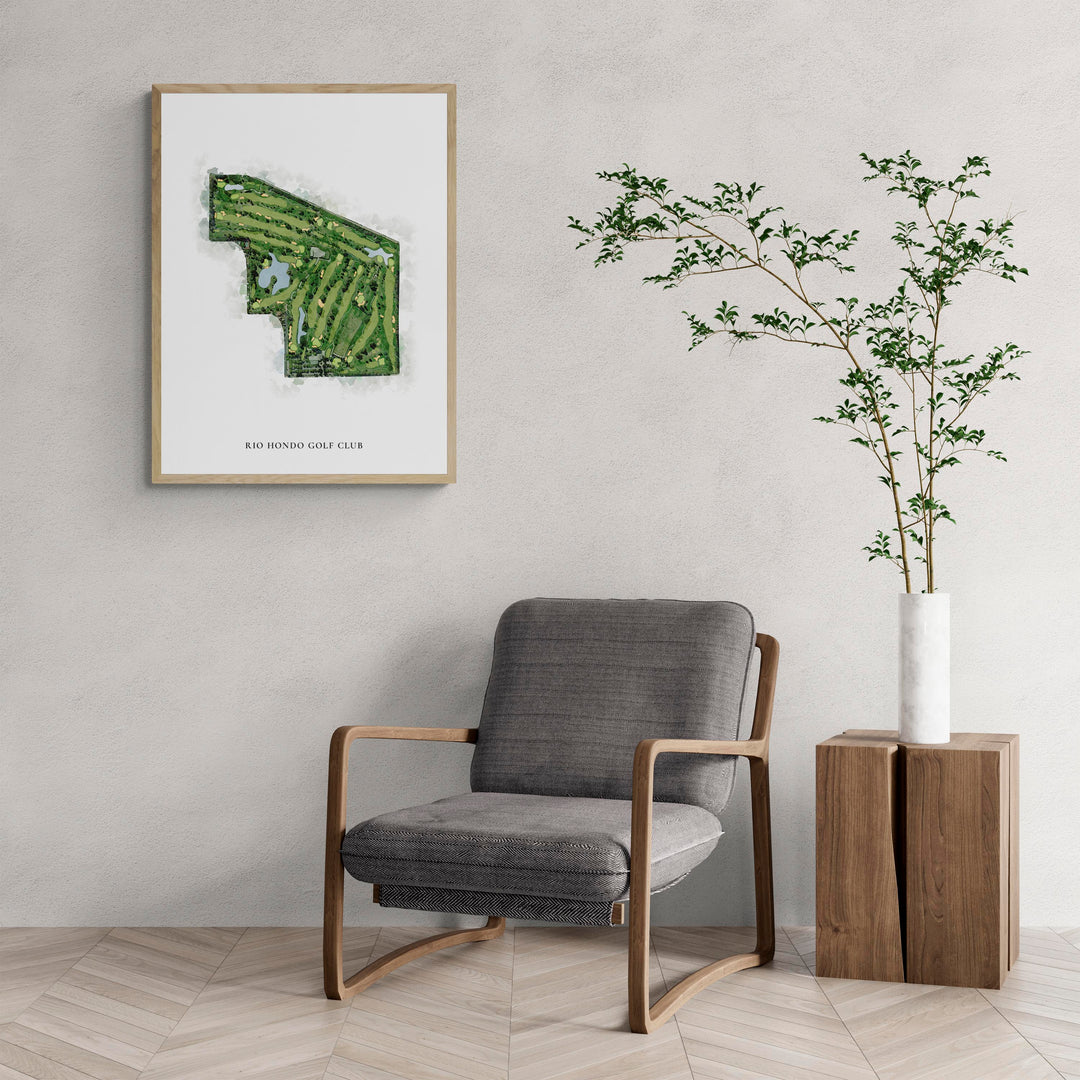 Classic Map of Rio Hondo Golf Club with a comfy armchair and large plant