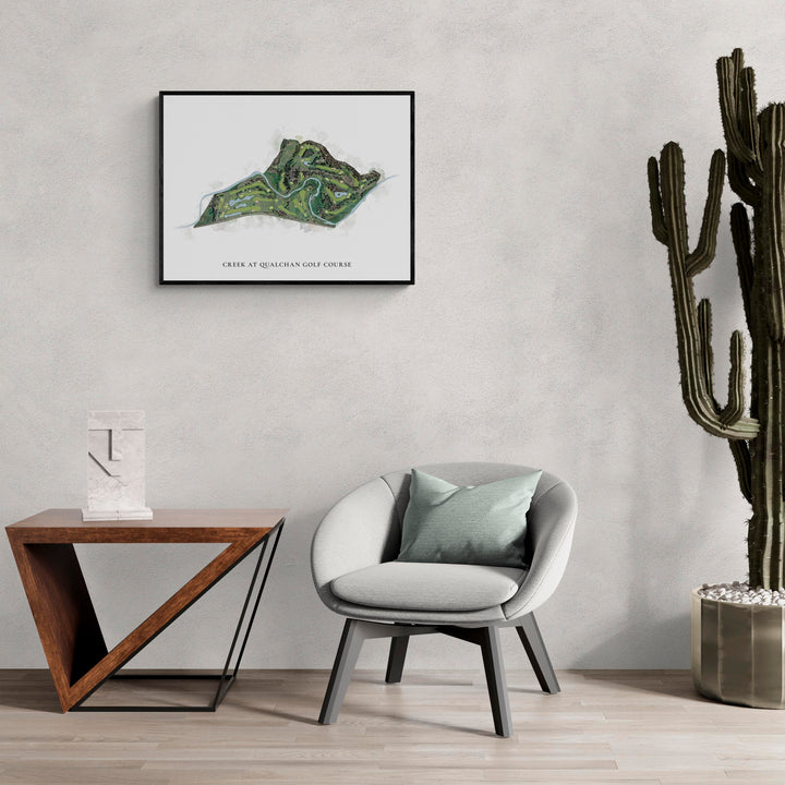 Classic Map of Creek At Qualchan Golf Course in a living room with large cactus plant